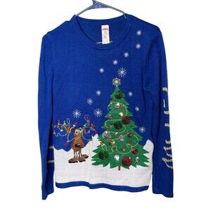 Holiday Time Blue Ugly Christmas Sweater Small 4-6 Reindeer Tree Sequin Light Up